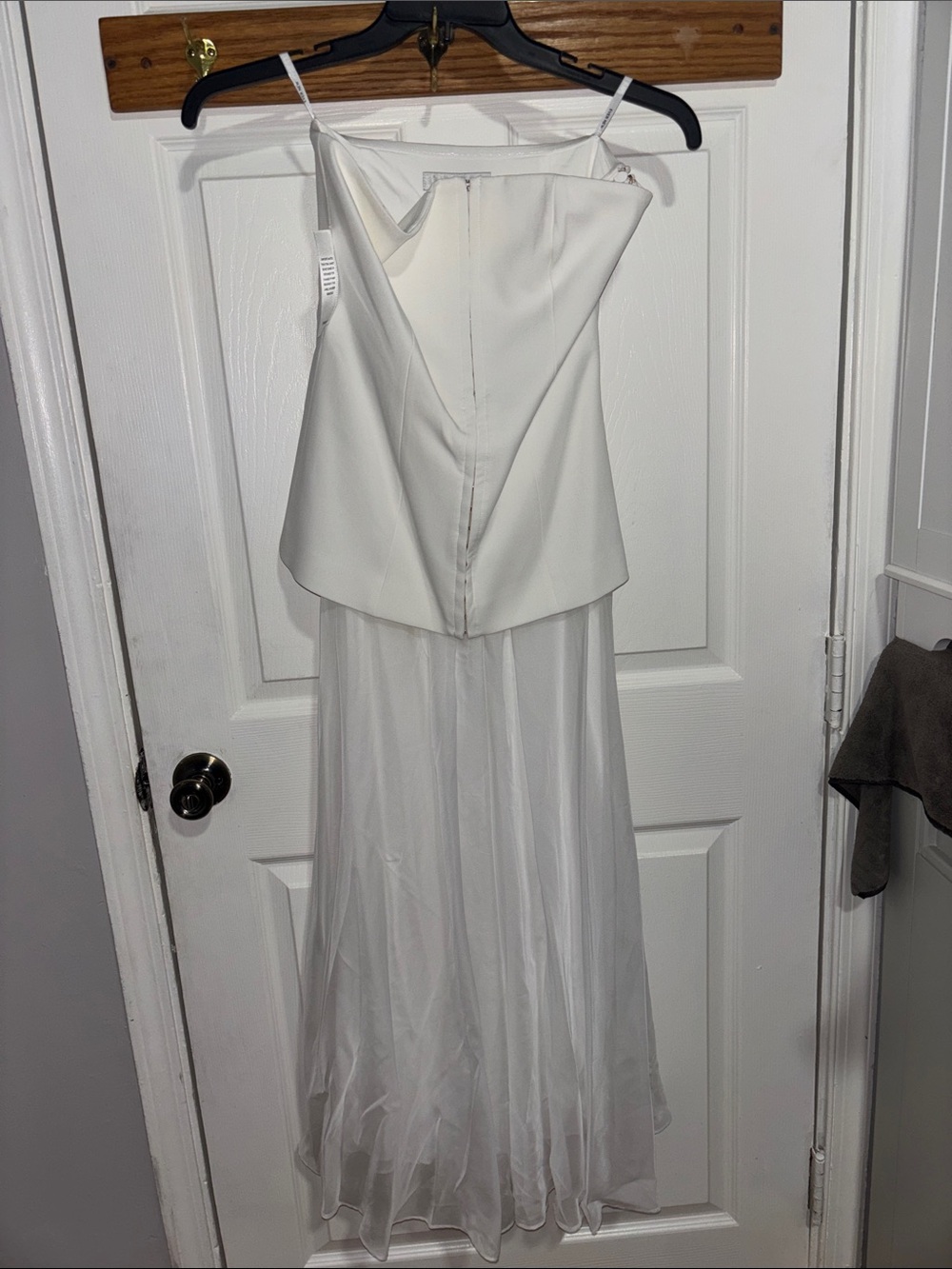 Elegant White Strapless Evening Dress with Sheer Bottom